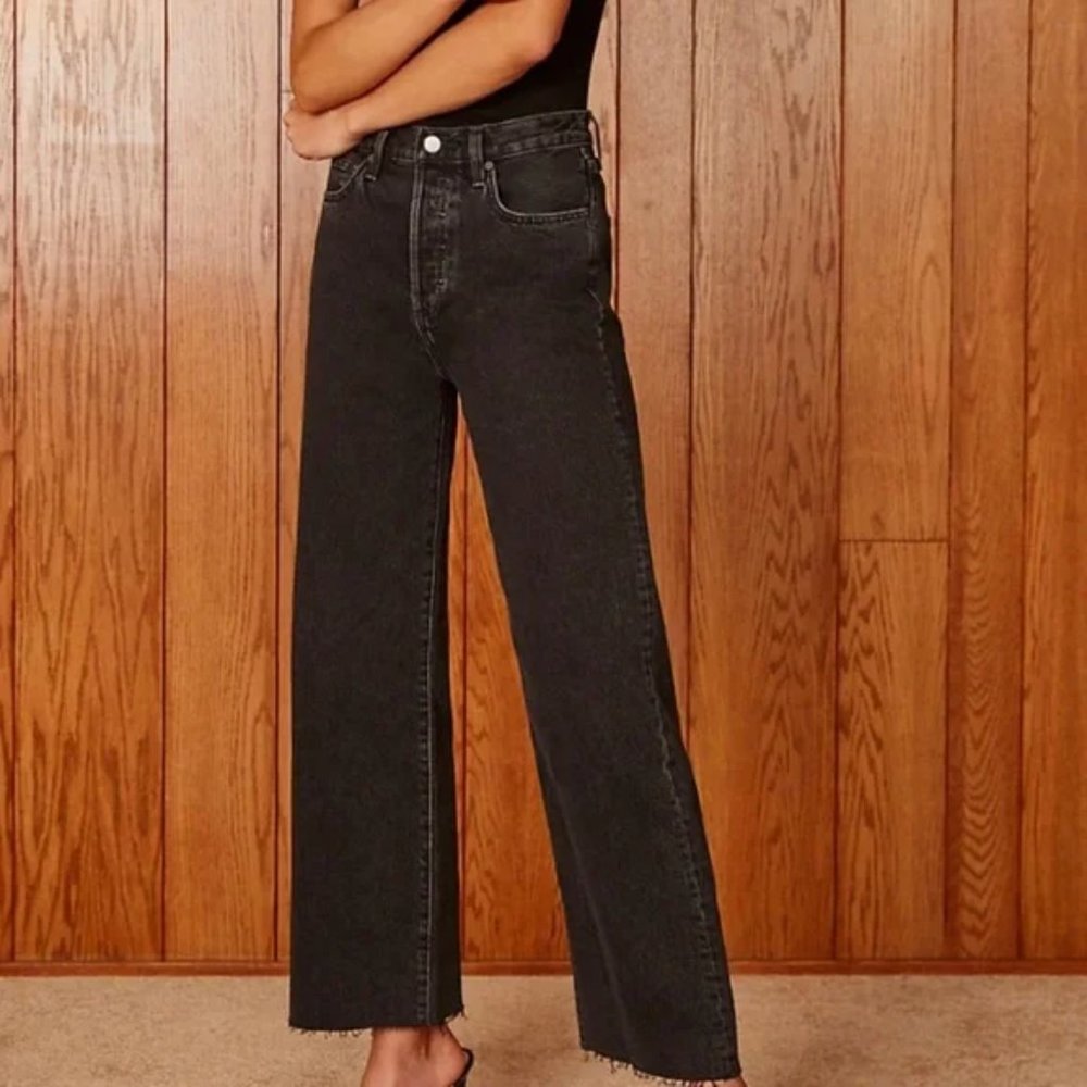 Aritzia Denim Forum Farrah High-Rise Wide Leg Cropped Jean raw hem